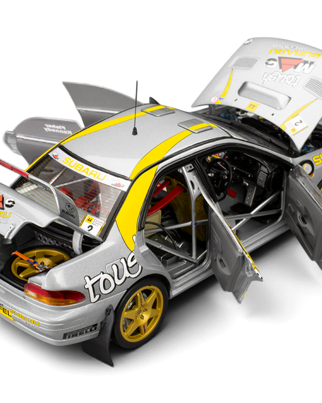 Sunstar 1:18 Subaru Impreza 555 #2 Fisher/Kennedy with doors, bonnet and boot open showing the roll cage