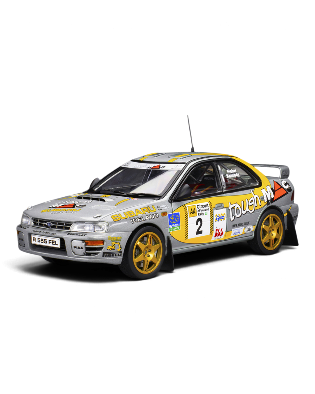 Sunstar 1:18 Subaru Impreza 555 #2 Fisher/Kennedy, 1999 AA Circuit of Ireland winner, silver and yellow livery, front three-quarter view
