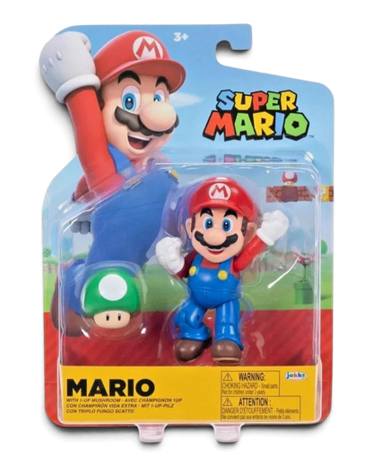 VaultifyUK Super Mario 4-inch action figure with 1-Up Mushroom accessory in original sealed retail packaging
