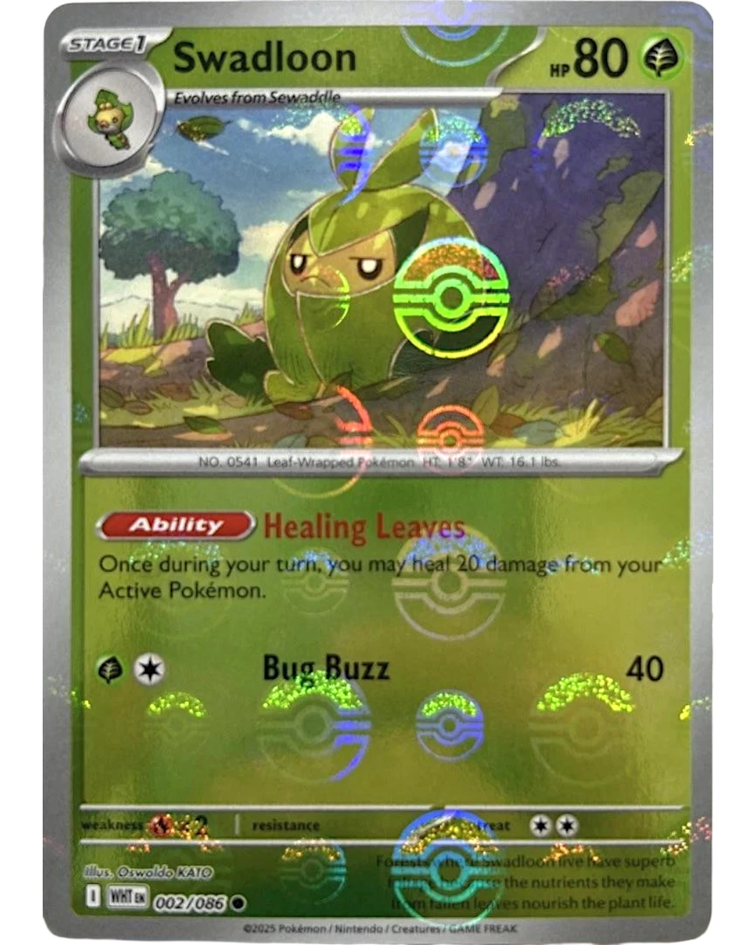 VaultifyUK Swadloon 002/086 White Flare Pokémon card with a green Poké Ball pattern reverse holo finish