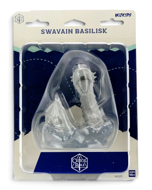 VaultifyUK Critical Role Swavain Basilisk unpainted miniature in blister packaging with transparent water effect