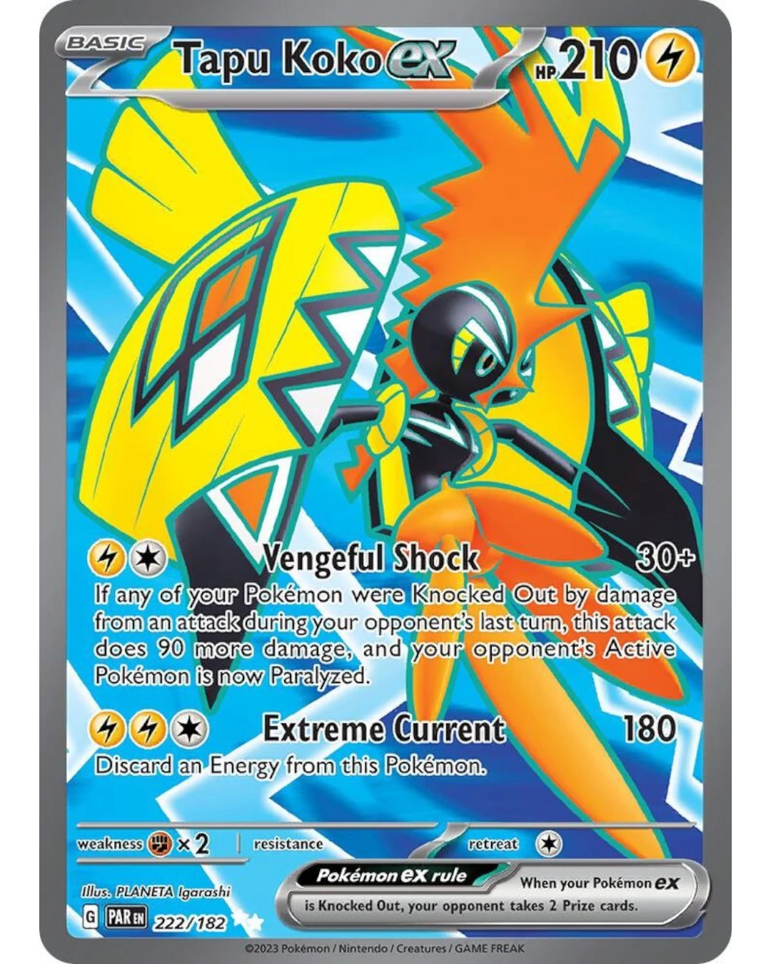 VaultifyUK Tapu Koko ex 222/182 full-art Pokémon card from Paradox Rift featuring dynamic lightning-charged artwork
