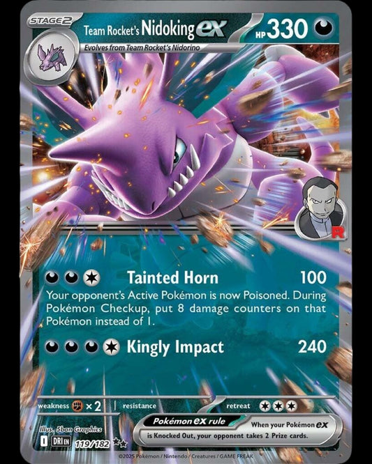 VaultifyUK Team Rocket's Nidoking ex 119/182 card from Destined Rivals featuring full extended Darkness-type artwork.
