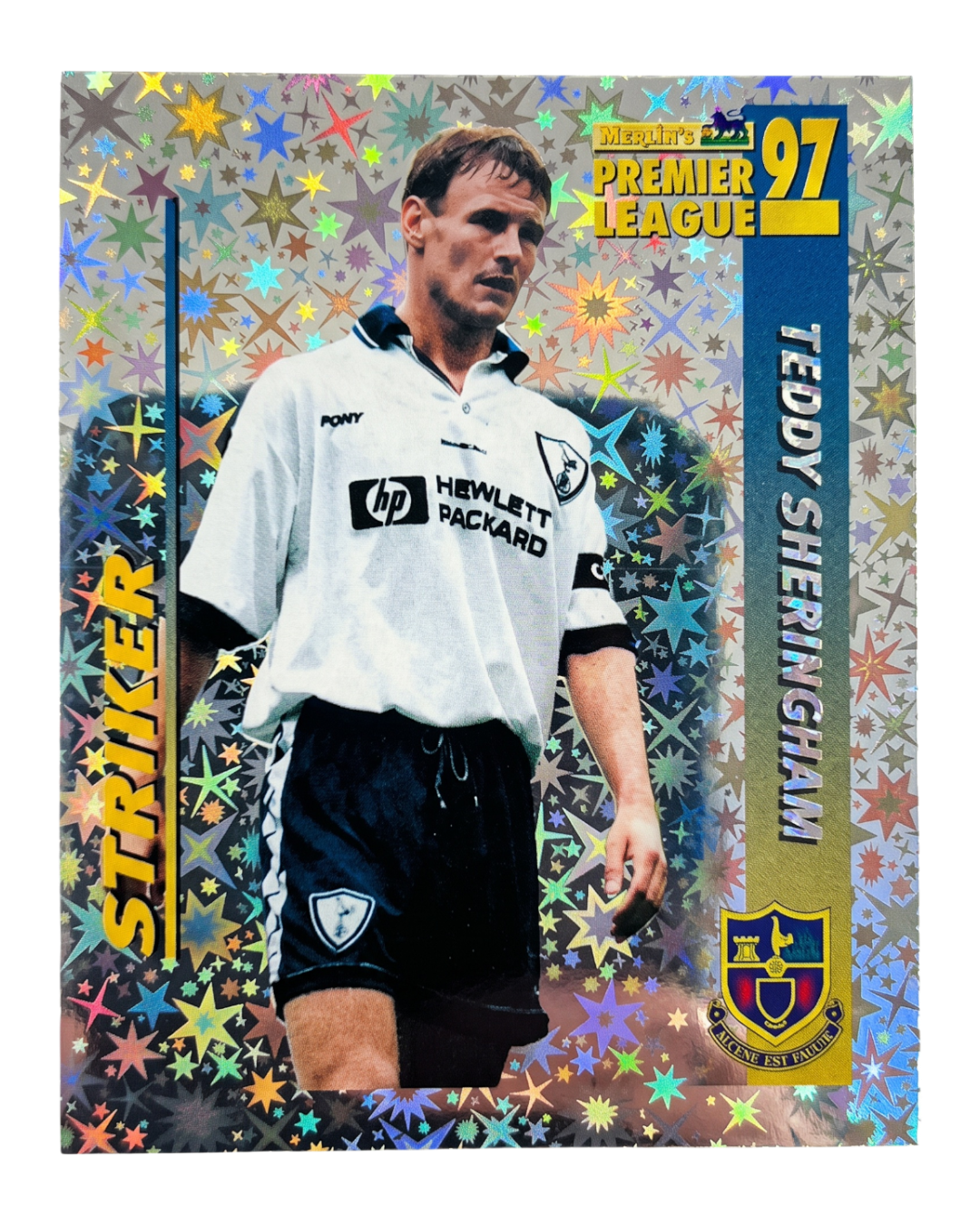 VaultifyUK Merlin Premier League 97 Teddy Sheringham Striker foil sticker featuring the Tottenham Hotspur player.