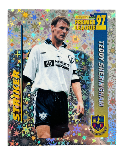 VaultifyUK Merlin Premier League 97 Teddy Sheringham Striker foil sticker featuring the Tottenham Hotspur player.