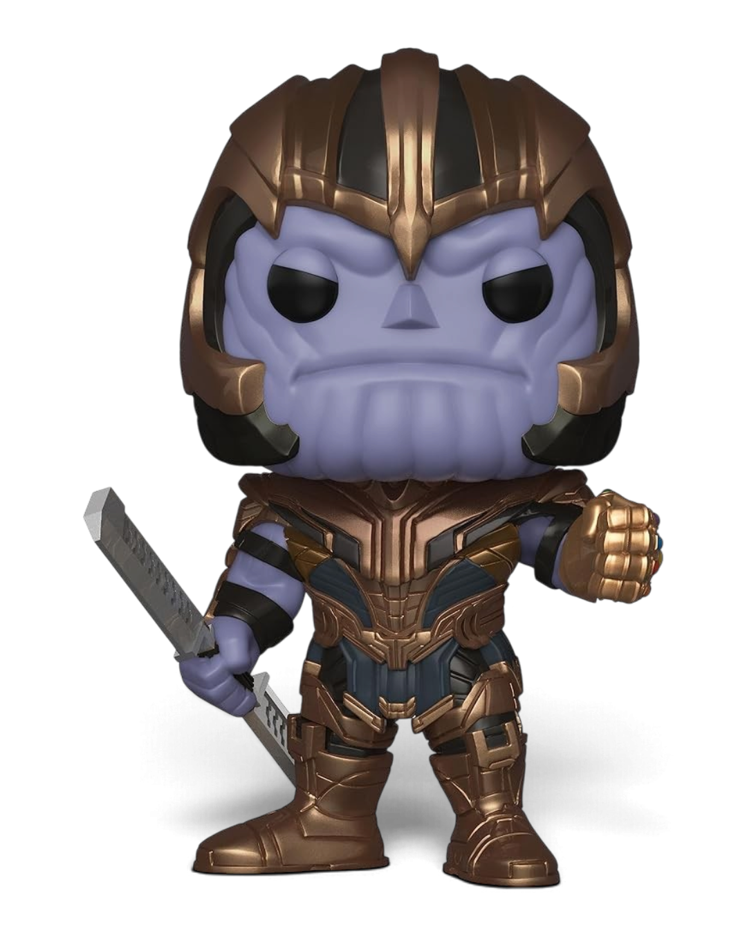 VaultifyUK Funko Pop! Thanos #453 vinyl figure from Avengers Endgame wearing gold armour and holding a double-edged sword
