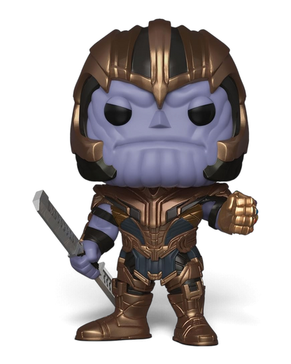 VaultifyUK Funko Pop! Thanos #453 vinyl figure from Avengers Endgame wearing gold armour and holding a double-edged sword