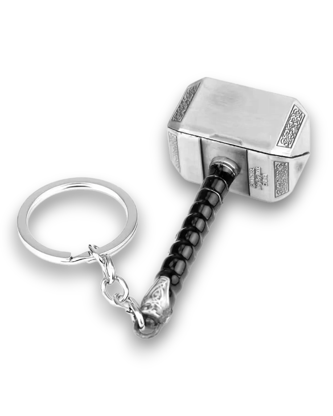 VaultifyUK Marvel Avengers Thor hammer metal keychain with a silver head and black textured handle on a keyring