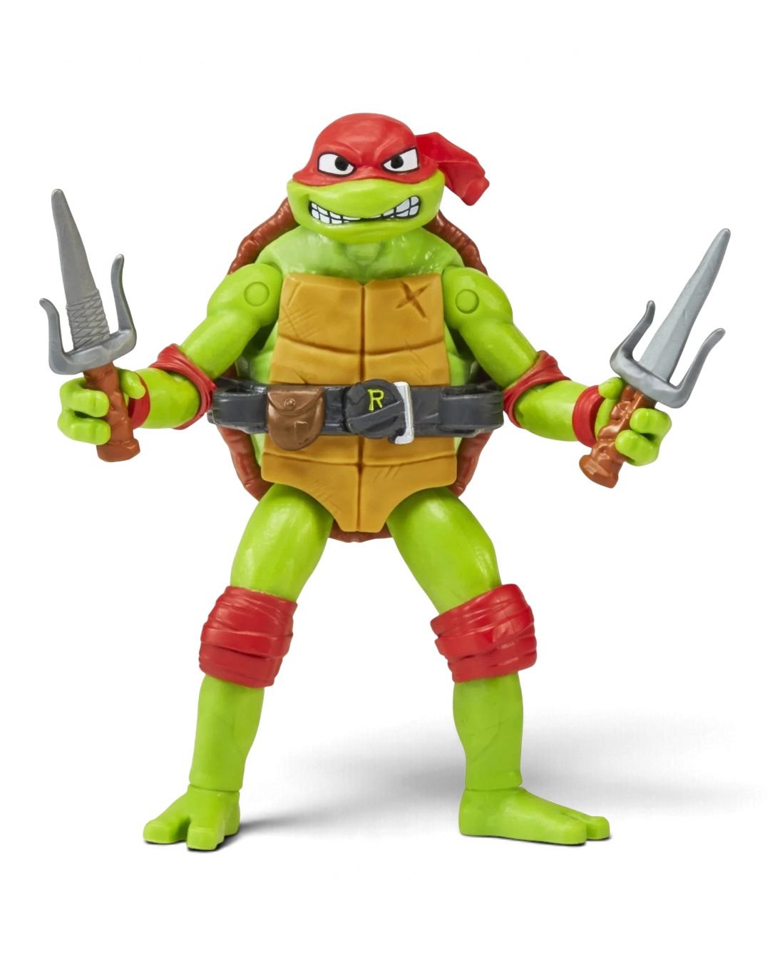 Close-up of the TMNT Mutant Mayhem Raphael action figure holding dual sai weapons.