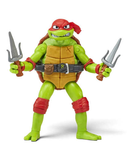 Close-up of the TMNT Mutant Mayhem Raphael action figure holding dual sai weapons.