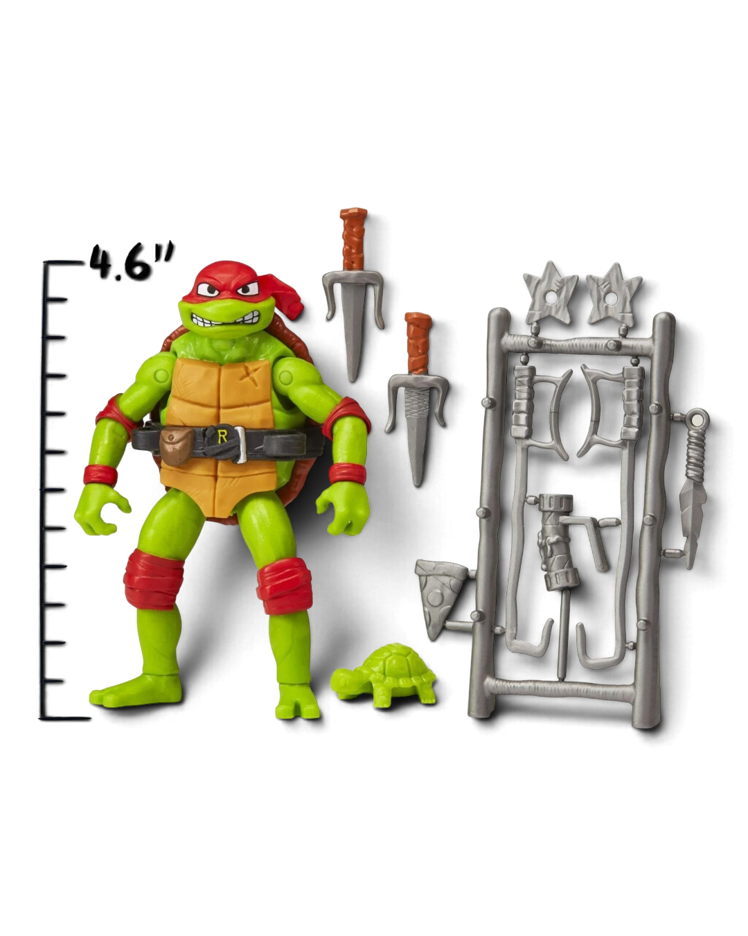 TMNT Mutant Mayhem Raphael action figure, 4.6 inch scale, shown with all included accessories.