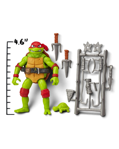 TMNT Mutant Mayhem Raphael action figure, 4.6 inch scale, shown with all included accessories.