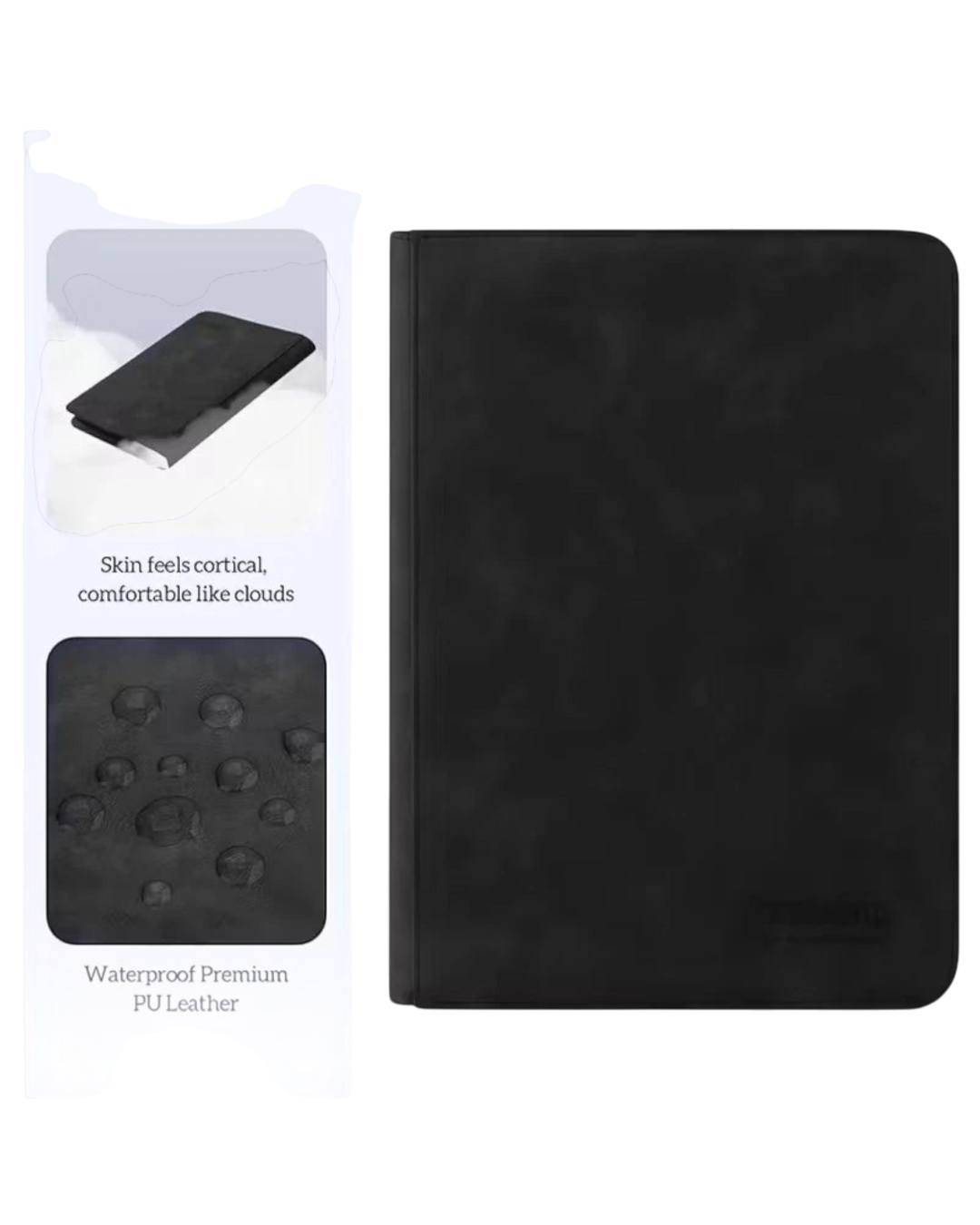 Black 288-card toploader zipper binder closed, with a close-up of the waterproof PU leather texture.