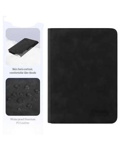 Black 288-card toploader zipper binder closed, with a close-up of the waterproof PU leather texture.