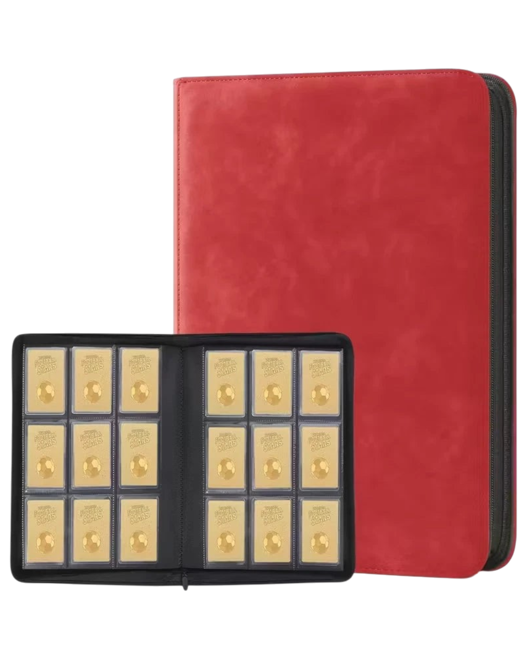 Red 288-card toploader zipper binder shown closed and open with toploaded cards inside.
