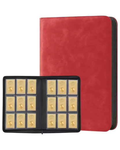 Red 288-card toploader zipper binder shown closed and open with toploaded cards inside.