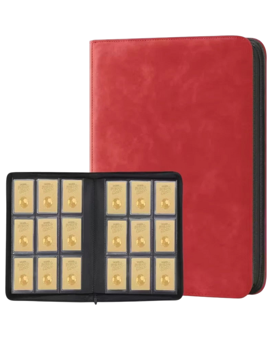 Red 288-card toploader zipper binder shown closed and open with toploaded cards inside.