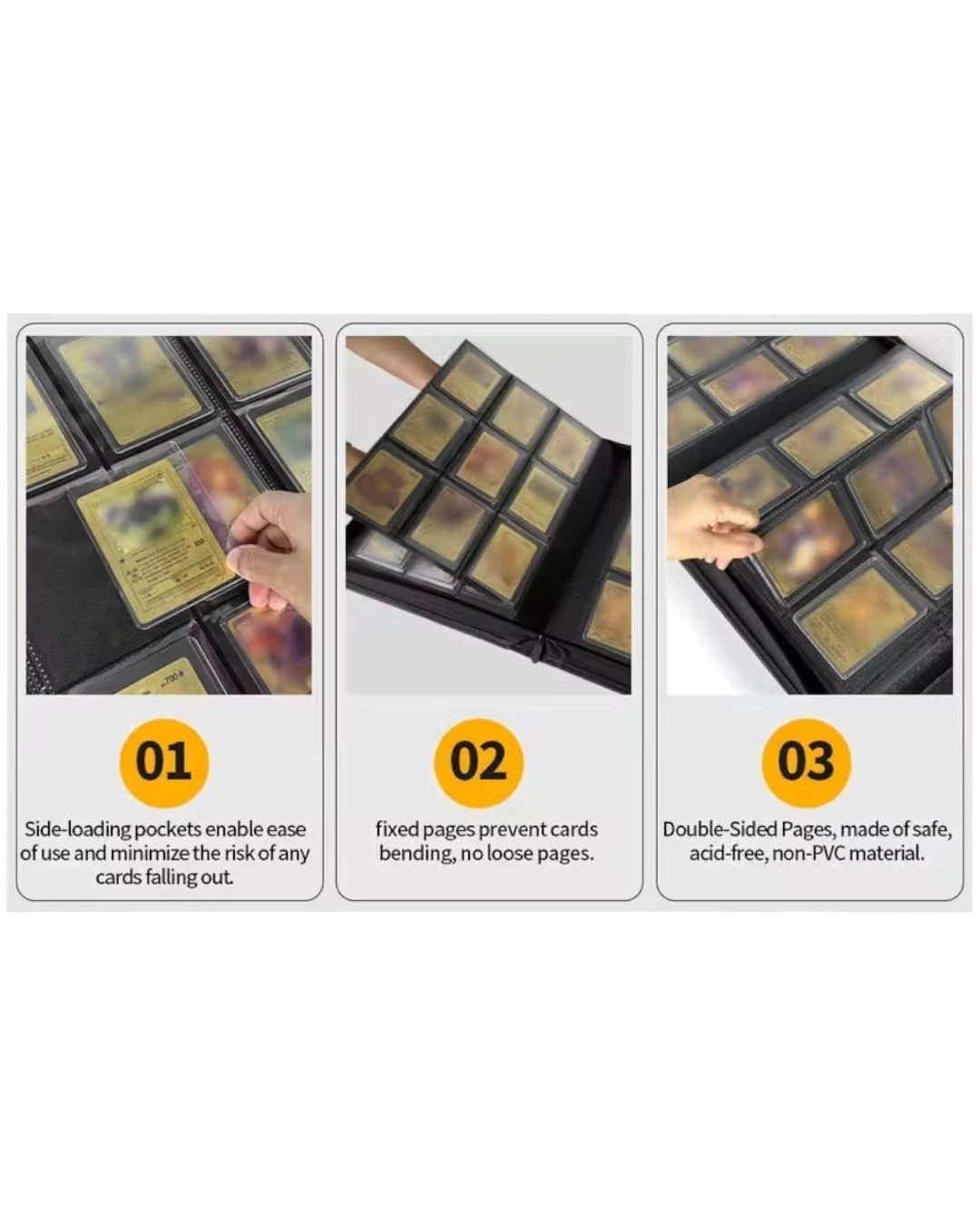 Feature graphic for the toploader card binder: side-loading pockets, fixed pages, and double-sided acid-free pages.