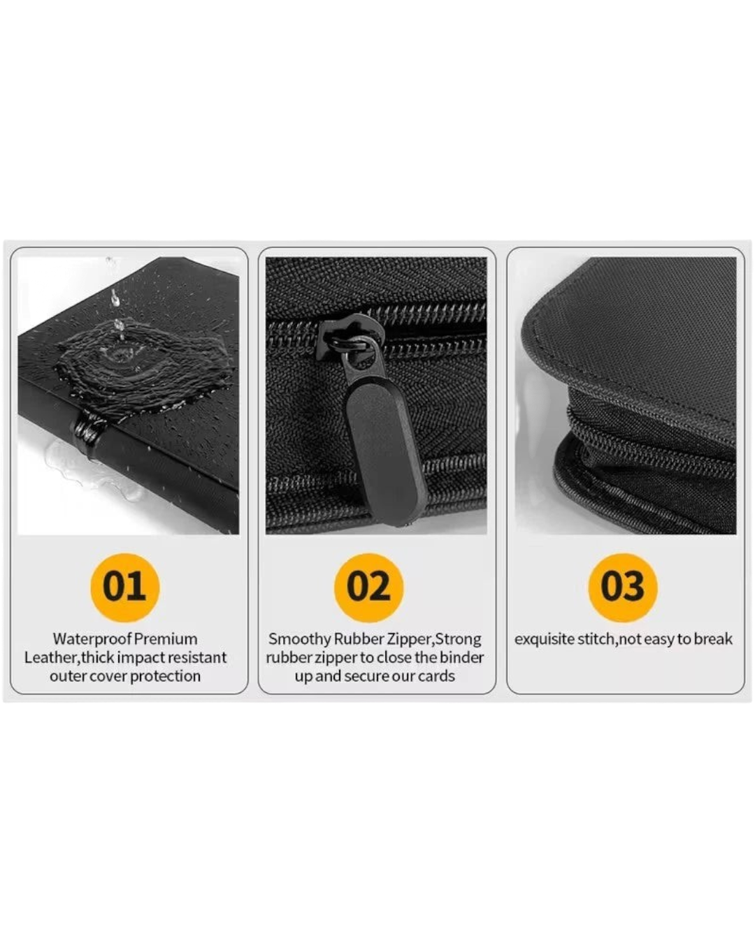 Feature graphic for the toploader card binder: waterproof leather, rubber zipper, and exquisite stitching.