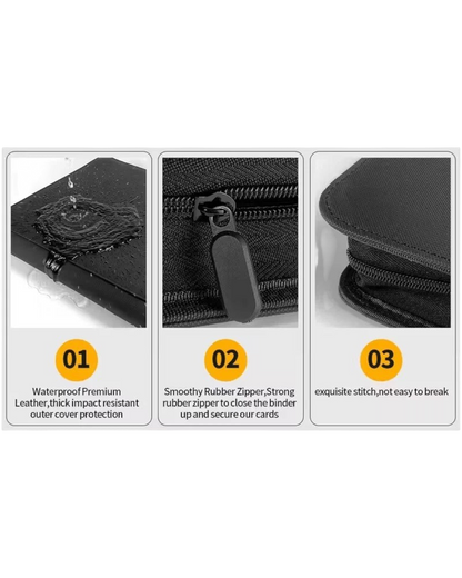 Feature graphic for the toploader card binder: waterproof leather, rubber zipper, and exquisite stitching.