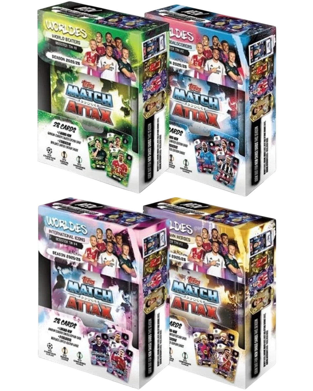 VaultifyUK Topps Match Attax 2025/26 football card mini tins featuring four unique collector designs and exclusive cards