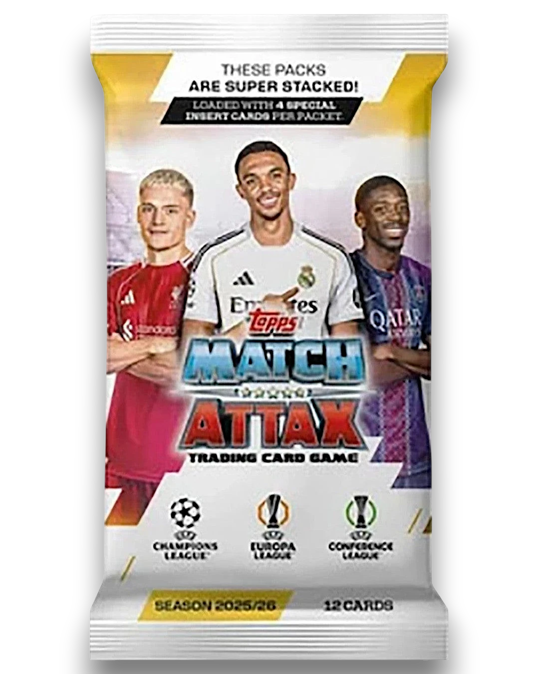 VaultifyUK Topps Match Attax 2025/26 sealed booster pack featuring professional football players on the packaging.