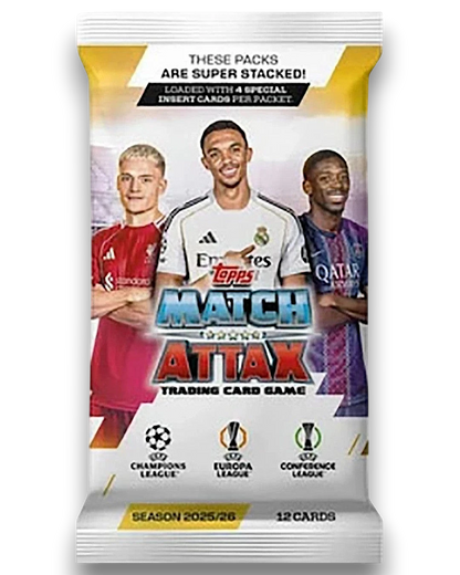 VaultifyUK Topps Match Attax 2025/26 sealed booster pack featuring professional football players on the packaging.
