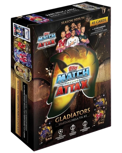 VaultifyUK Topps Match Attax 2025/26 Gladiators Mega Tin featuring 45 trading cards and 3 exclusive limited editions.