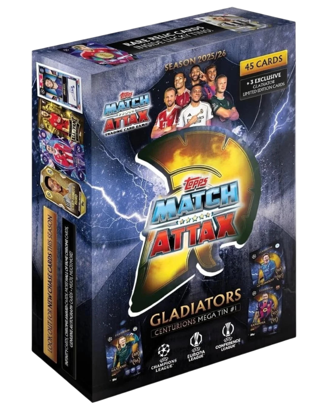 VaultifyUK Topps Match Attax 2025/26 Gladiators Mega Tin featuring 45 trading cards and 3 exclusive limited editions.