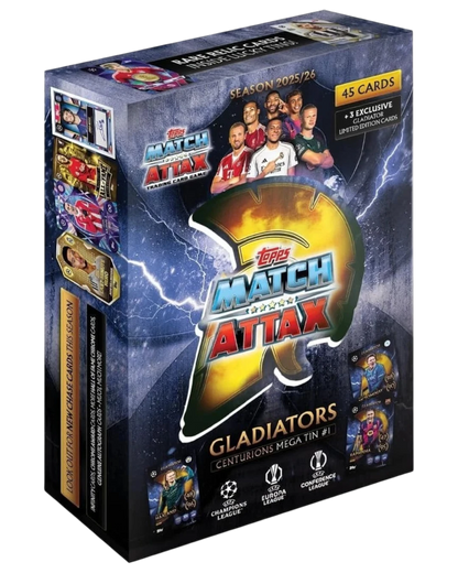 VaultifyUK Topps Match Attax 2025/26 Gladiators Mega Tin featuring 45 trading cards and 3 exclusive limited editions.