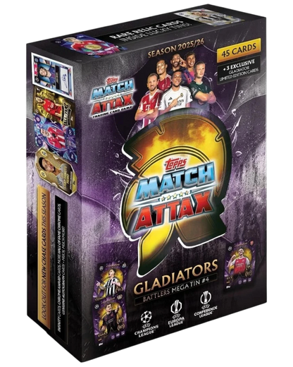 VaultifyUK Topps Match Attax 2025/26 Gladiators Mega Tin featuring 45 trading cards and 3 exclusive limited editions.