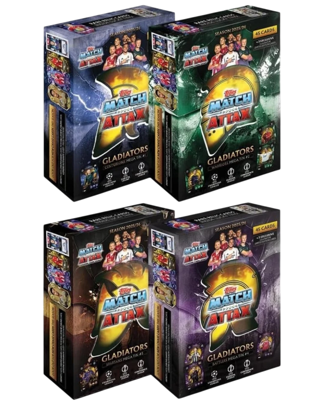 VaultifyUK Topps Match Attax 2025/26 Gladiators Mega Tins featuring four distinct coloured collectable card tins