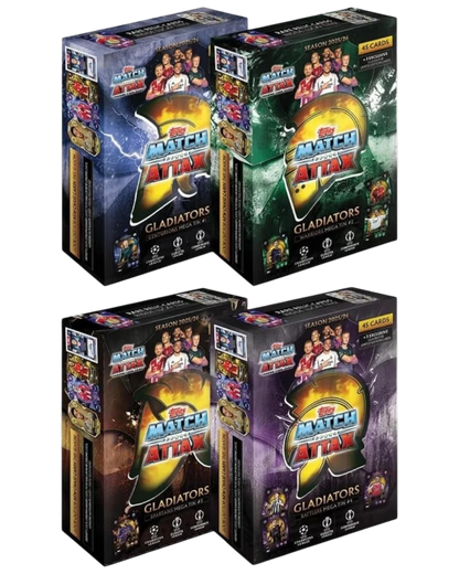 VaultifyUK Topps Match Attax 2025/26 Gladiators Mega Tins featuring four distinct coloured collectable card tins