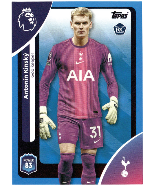 Topps Premier League 2025/26 Antonín Kinský Blue Parallel trading card #254 featuring the Tottenham Hotspur goalkeeper rookie card.