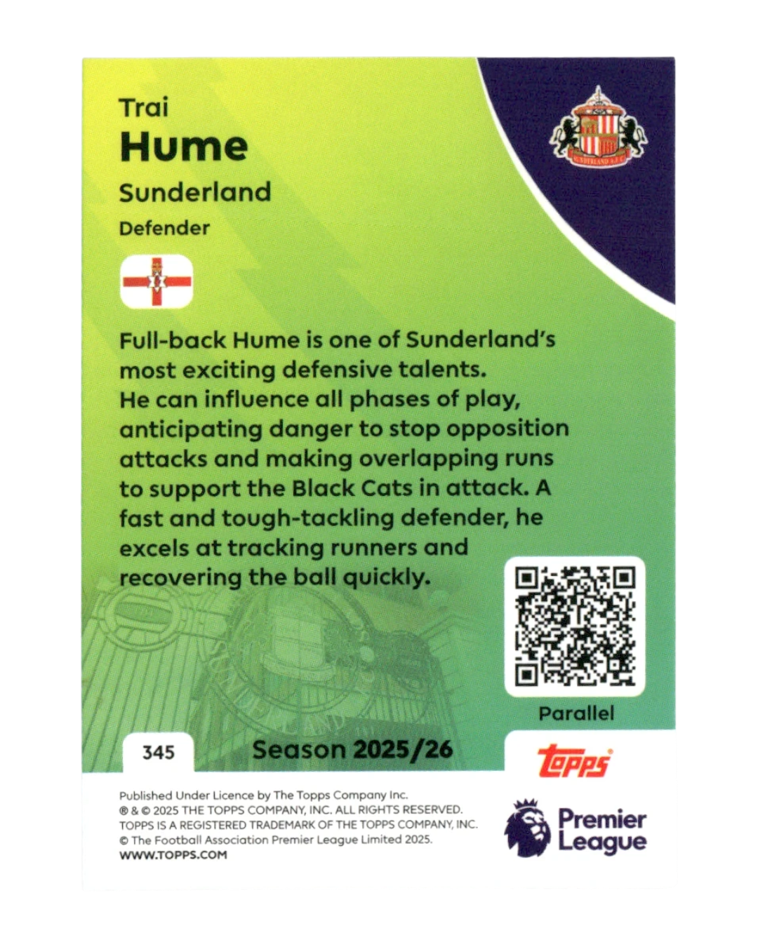 VaultifyUK Trai Hume 2025/26 Topps Premier League Green Parallel rookie card back featuring Sunderland player details.