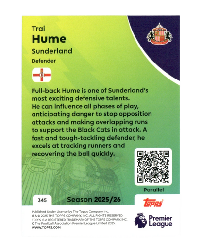 VaultifyUK Trai Hume 2025/26 Topps Premier League Green Parallel rookie card back featuring Sunderland player details.