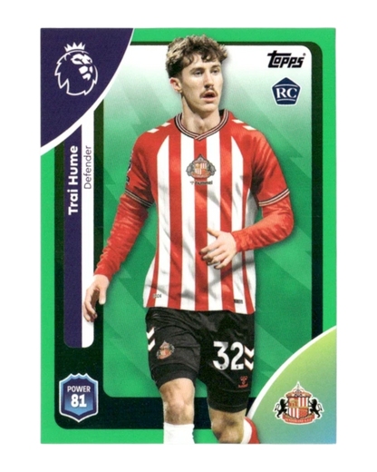 VaultifyUK Topps Premier League 2025/26 Trai Hume rookie card in a green parallel edition featuring Sunderland kit.