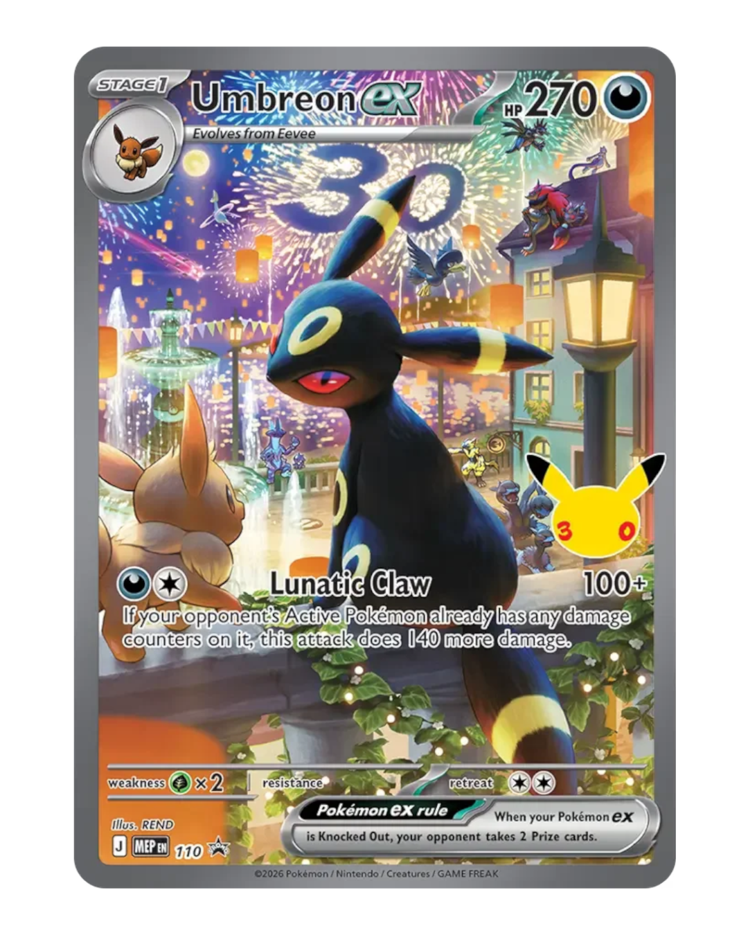 VaultifyUK Pokémon TCG 30th Celebration Umbreon ex foil card featuring a festive fireworks display and Eevee