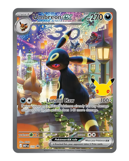 VaultifyUK Pokémon TCG 30th Celebration Umbreon ex foil card featuring a festive fireworks display and Eevee