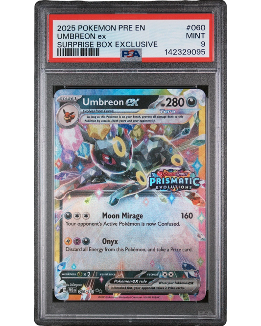 VaultifyUK 2025 Pokémon Umbreon ex #060 Prismatic Evolutions trading card in a PSA 9 Mint graded slab