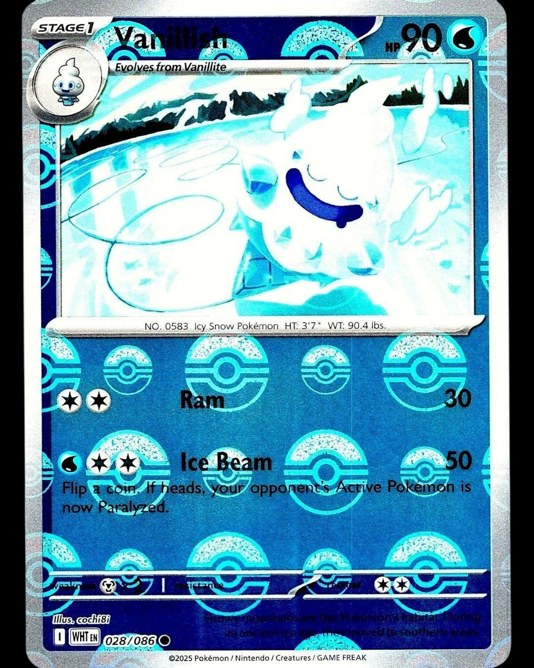 VaultifyUK Vanillish 028/086 White Flare Pokémon card featuring a blue Poké Ball pattern reverse holo finish.