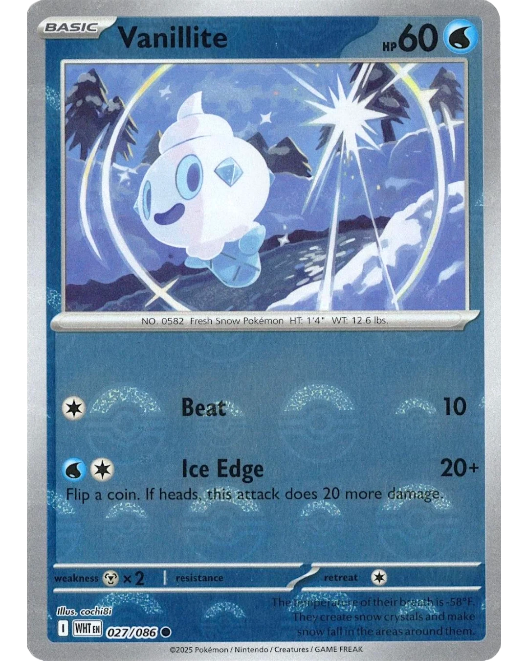 VaultifyUK Vanillite 027/086 White Flare Pokémon TCG card featuring a blue Poké Ball pattern reverse holo finish