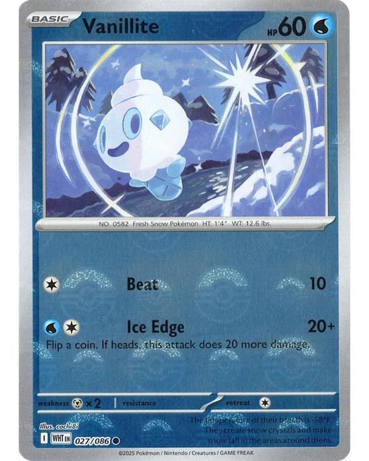 VaultifyUK Vanillite 027/086 White Flare Pokémon TCG card featuring a blue Poké Ball pattern reverse holo finish