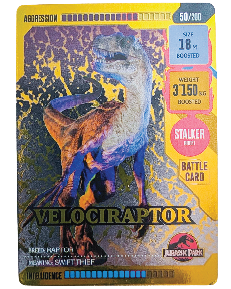 VaultifyUK Panini Jurassic World ROAR! Velociraptor Gold Dino trading card #50 with gold foil finish and game stats.