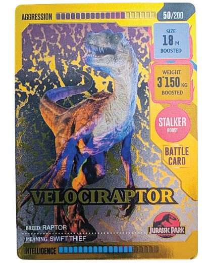 VaultifyUK Panini Jurassic World ROAR! Velociraptor Gold Dino trading card #50 with gold foil finish and game stats.