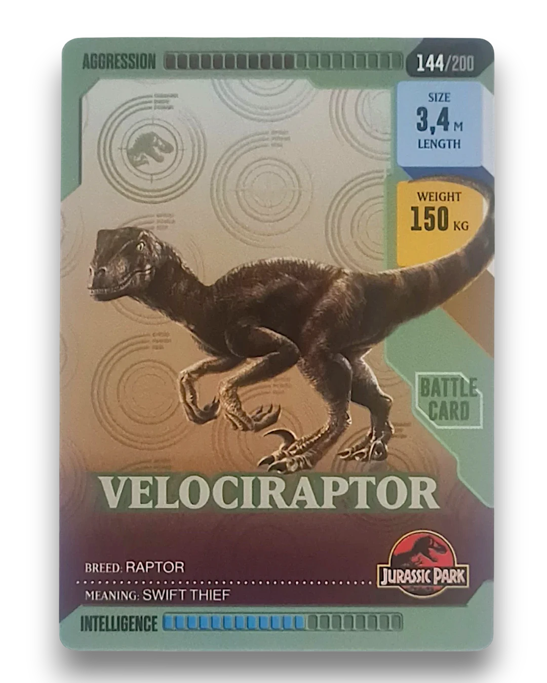 VaultifyUK Panini Jurassic World ROAR! Velociraptor trading card 144/200 featuring Jurassic Park branding