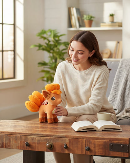 VaultifyUK 8-inch Vulpix plush toy with soft orange fur and embroidered details held by a woman in a cozy room