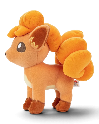 VaultifyUK 8-inch Vulpix plush toy with soft orange fabric, embroidered eyes, and detailed curled tail.