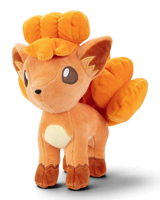 VaultifyUK 8-inch Vulpix plush toy with soft orange fabric, detailed embroidery, and iconic curled tails.