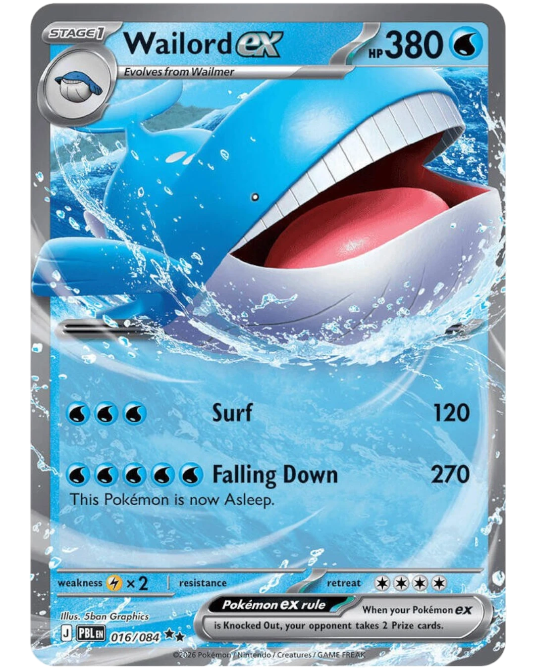 VaultifyUK Pokémon TCG Wailord ex 016/084 card featuring blue whale artwork with 380 HP and Water-type abilities.
